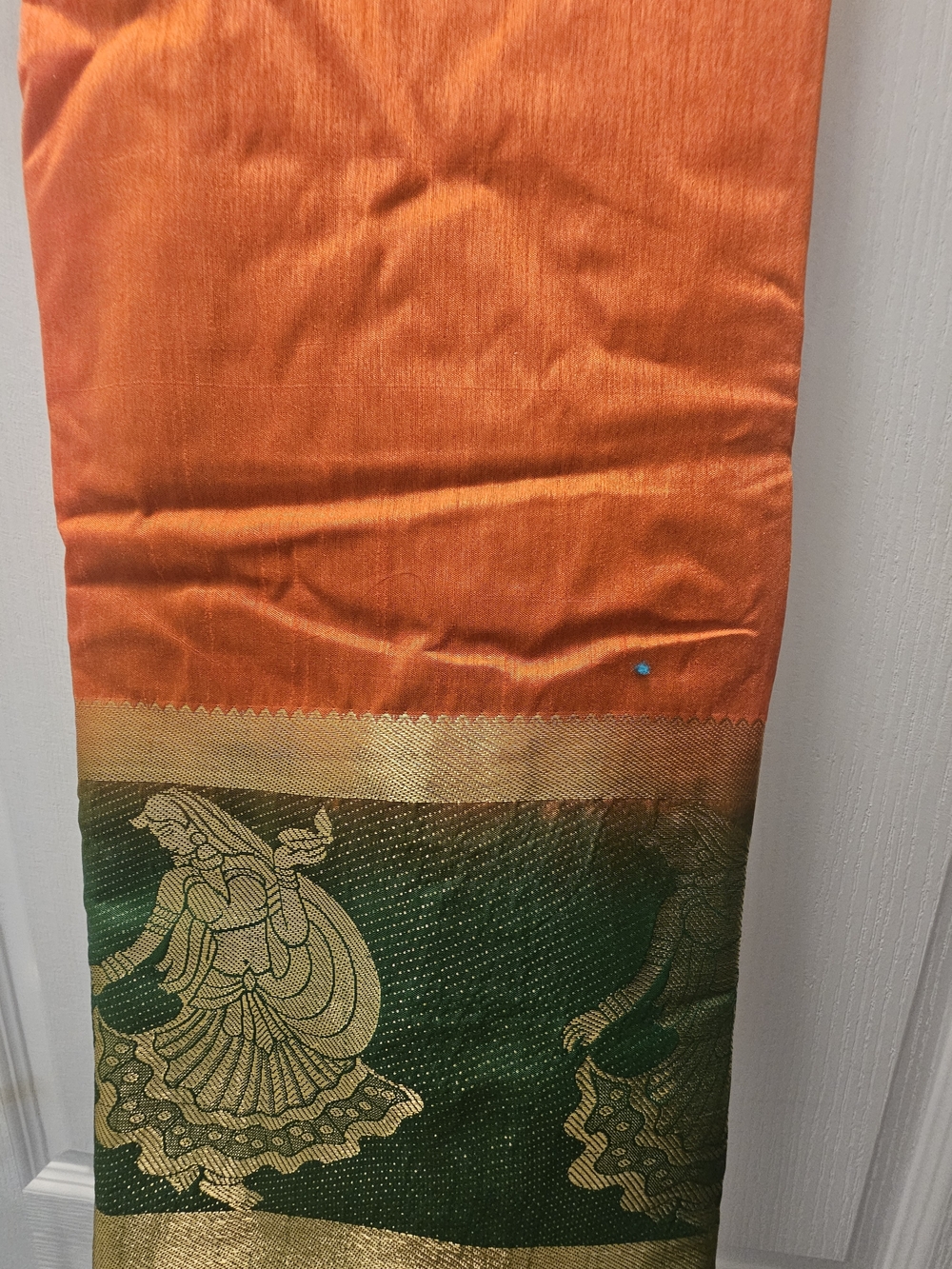 Orange and Green Silk Sari with Gold Dance Motif